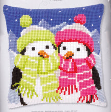 Load image into Gallery viewer, DIY Vervaco Penguins with Scarf Yarn Cross Stitch Needlepoint 16&quot; Pillow Top Kit