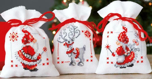 DIY Vervaco Christmas Elves Santa Deer Potpourri Gift Bag Cross Stitch Kit set/3
