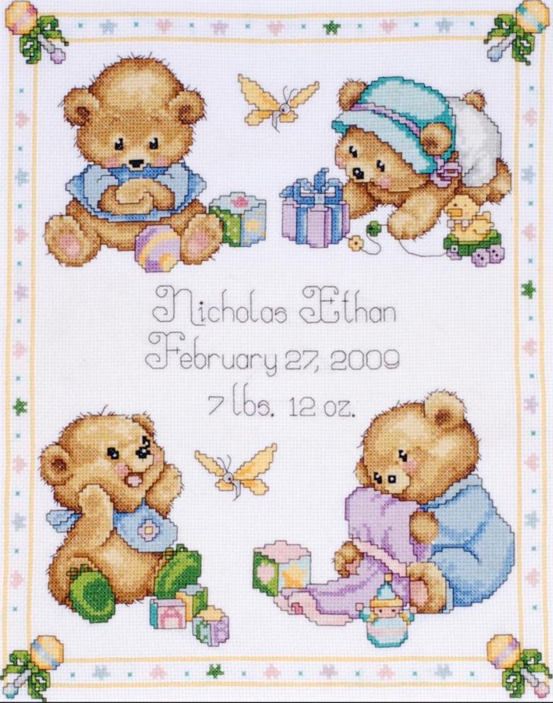 DIY Tobin Baby Bear Teddy Child Birth Record Gift Counted Cross Stitch Kit 21711