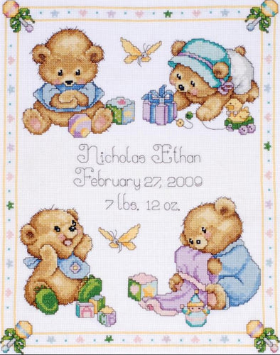 DIY Tobin Baby Bear Teddy Child Birth Record Gift Counted Cross Stitch Kit 21711