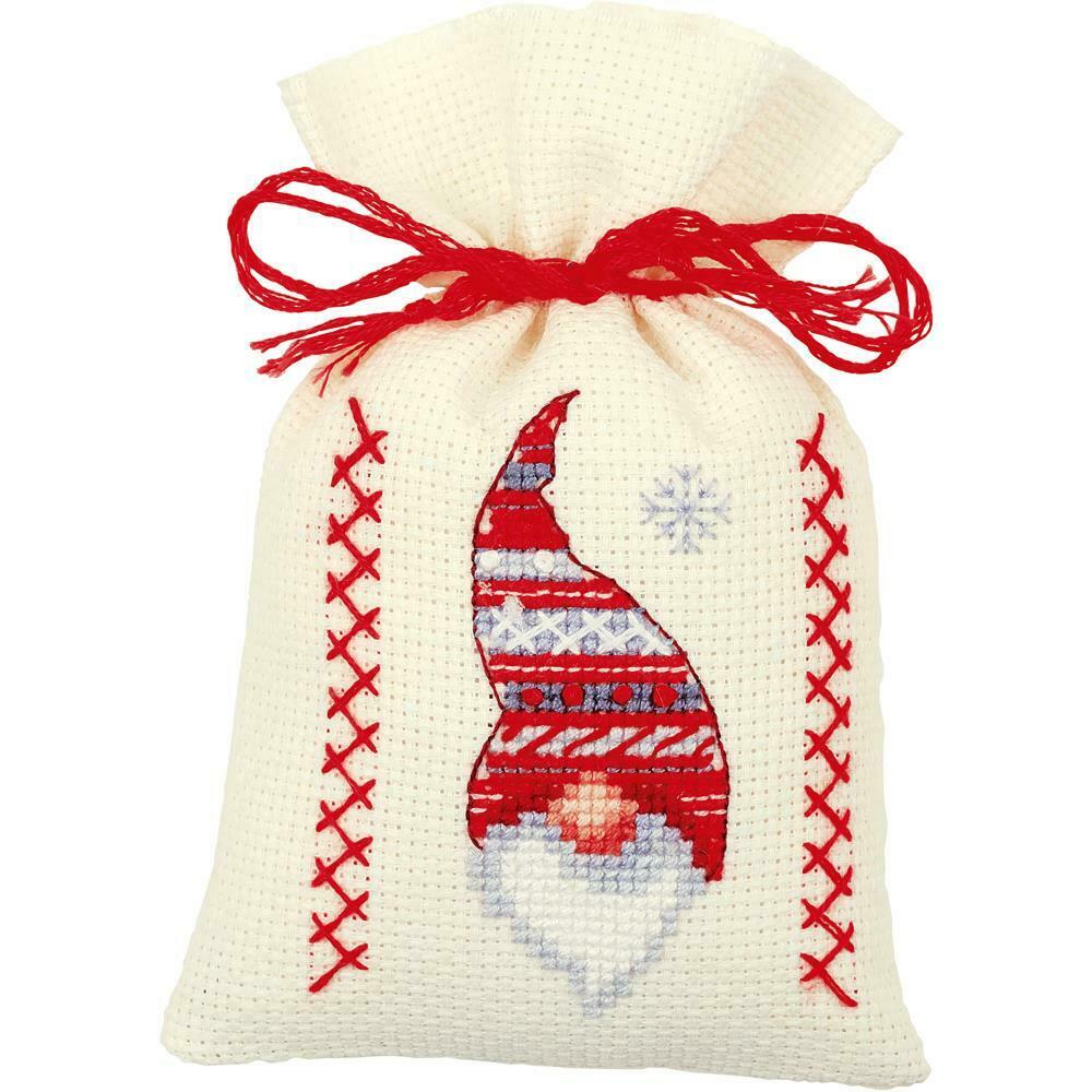 DIY Vervaco Christmas Gnomes Santa Potpourri Gift Bag Counted Cross Stitch Kit