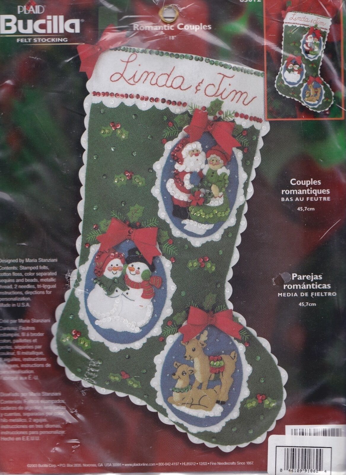 DIY Bucilla Romantic Couples Santa Snowman Christmas Felt Stocking Kit 85012