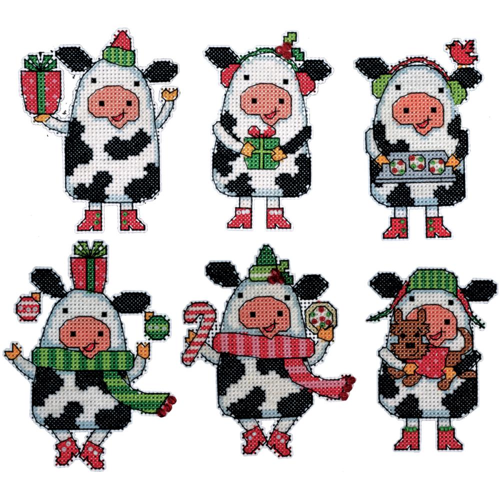 Design works plastic canvas ornament kit. Design features six Christmas cows. 