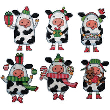 Load image into Gallery viewer, Design works plastic canvas ornament kit. Design features six Christmas cows. 