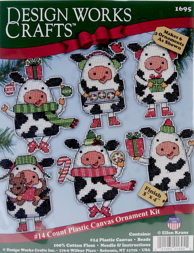 Design works plastic canvas ornament kit. Design features six Christmas cows.