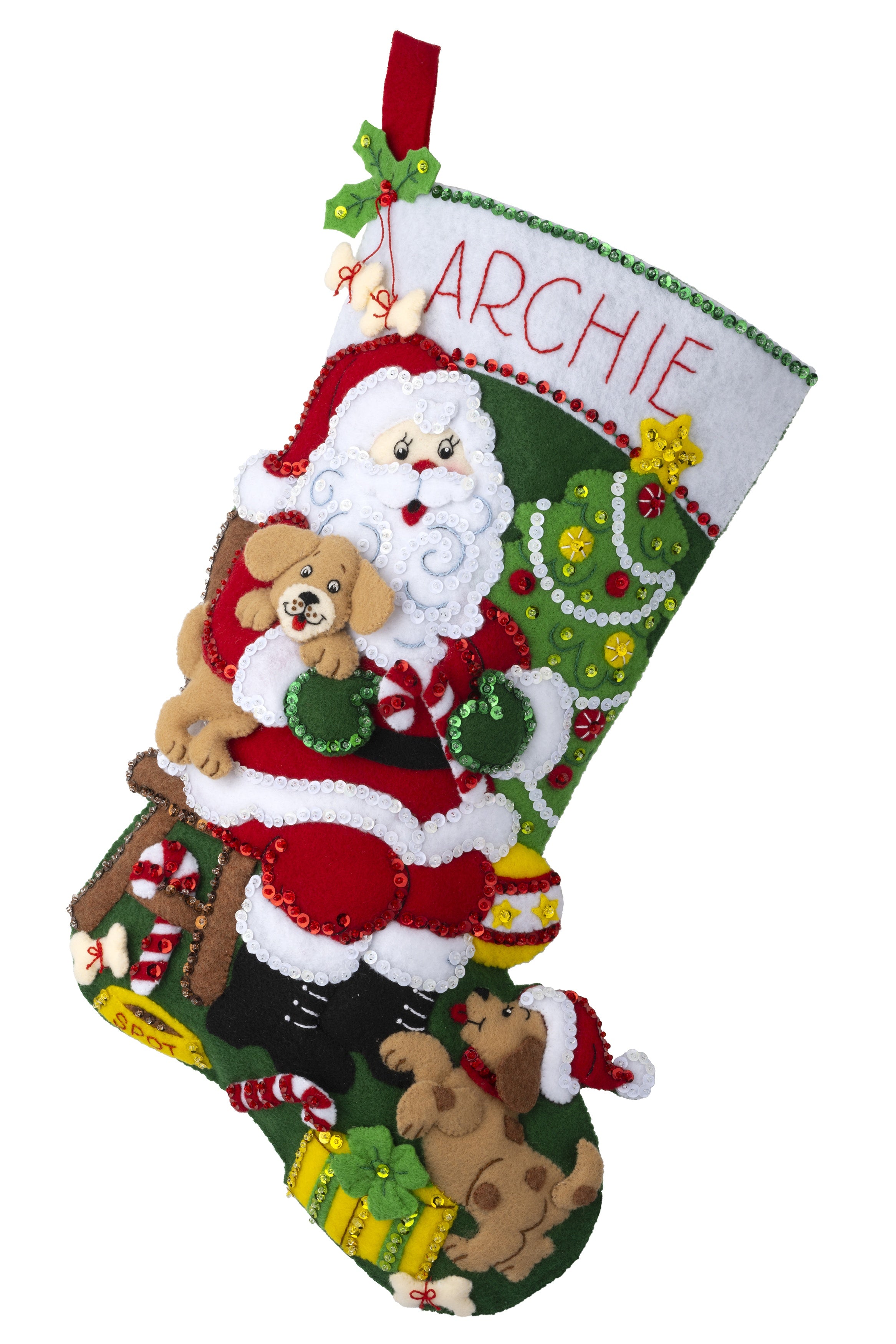 Bucilla felt christmas stocking kit. Design features santa sitting a chair holding a puppy while another puppy runs up to his knees. 