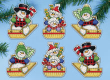 Load image into Gallery viewer, DIY Design Works Sledding Snowmen Christmas Plastic Canvas Ornament Kit 6882
