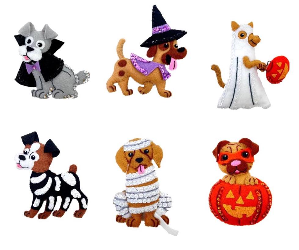 Bucilla felt ornament kit. Design features 6 dogs dressed in halloween costumes. 