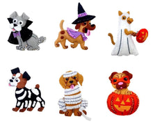 Load image into Gallery viewer, Bucilla felt ornament kit. Design features 6 dogs dressed in halloween costumes. 