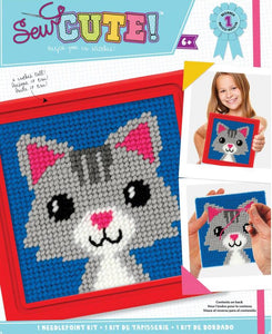 DIY Sew Cute Cat Kitten Kids Beginner Starter Needlepoint Kit with Frame 6" x 6"