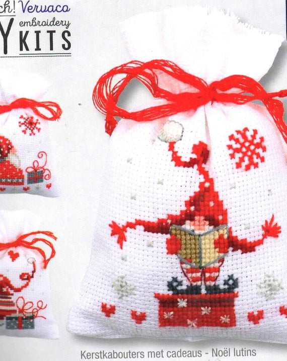 DIY Vervaco Christmas Gnomes 2 Potpourri Gift Bag Counted Cross Stitch Kit set/3