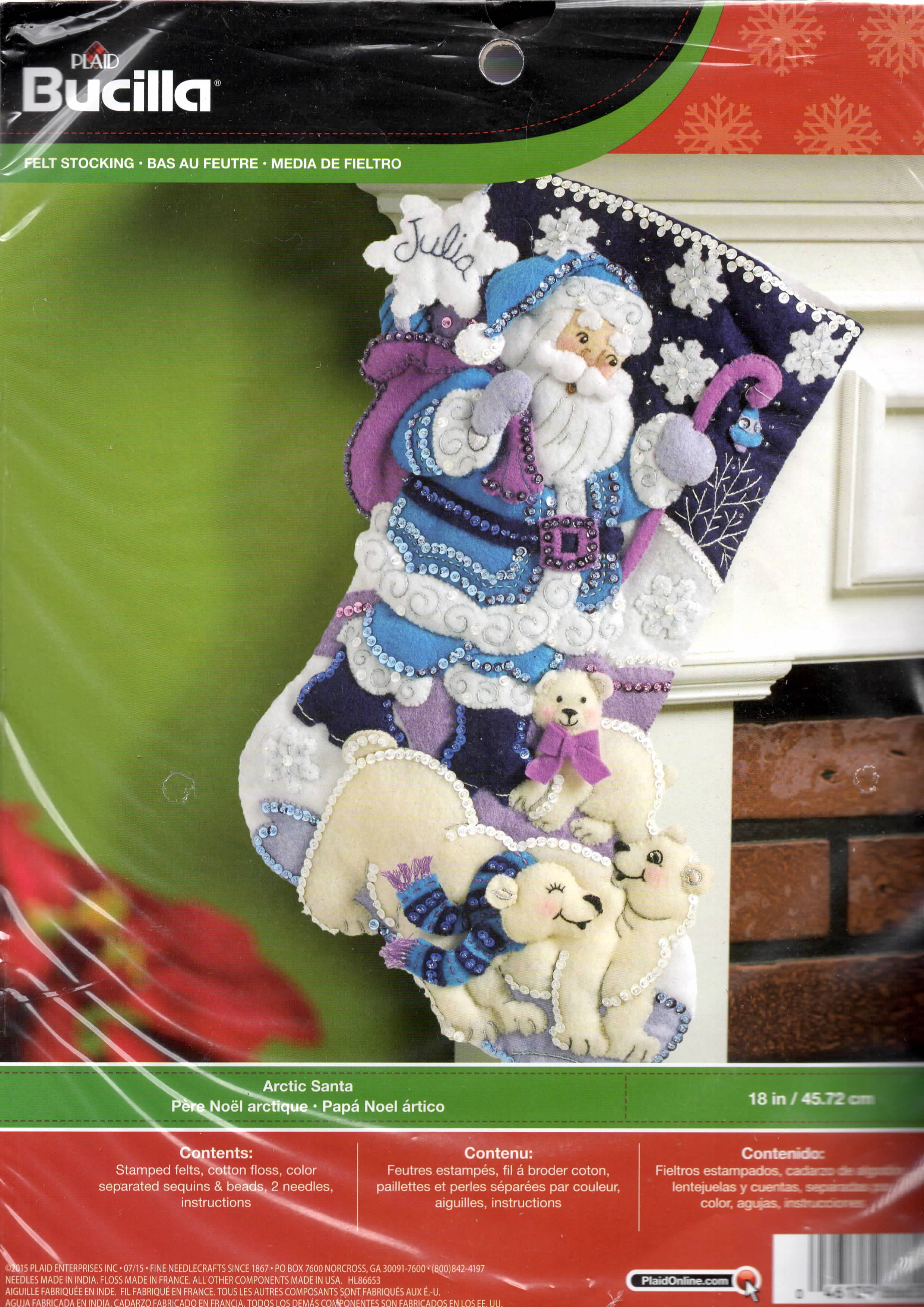 DIY Bucilla Arctic Santa Christmas Polar Bears Purple Felt Stocking Kit 86653