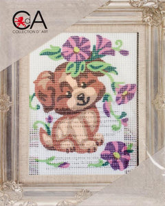 DIY Collection D'Art Puppy Flower Needlepoint Wall Hanging Picture Kit 5" x 7"