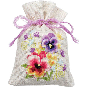 DIY Vervaco Violets Pansies Flowers Potpourri Gift Bag Counted Cross Stitch Kit