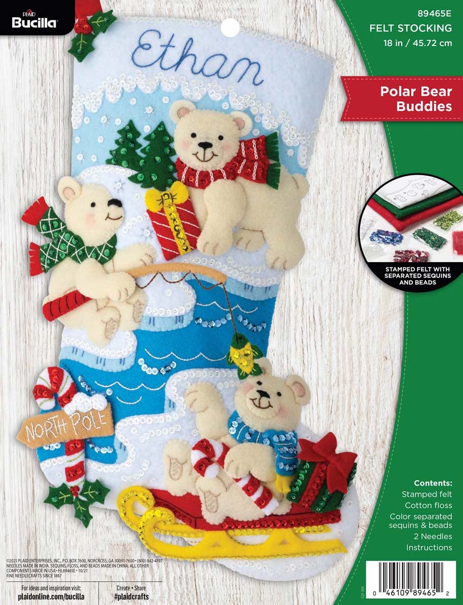 DIY Bucilla Polar Bear Buddies Fishing Sled Christmas Felt Stocking Kit 89465E