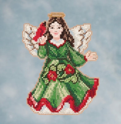 Mill Hill Beaded  counted cross stitch kit. The design features an angel with a green dress holding a cardinal.