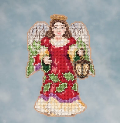 Mill Hill Beaded  counted cross stitch kit. The design features an angel in a red dress carrying a lantern. 