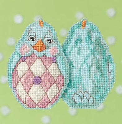 Mill Hill beaded counted cross stitch ornament kit.  The design features a aqua chick shaped like a decorated Easter egg.