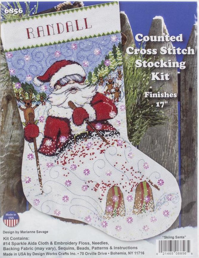 DIY Design Works Skiing Santa Christmas Counted Cross Stitch Stocking Kit 6856