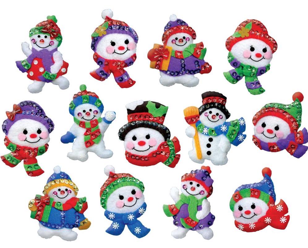 Design works christmas felt ornaments kit. This design features 13 snowmen in bright colored hats, scarves and jackets. 