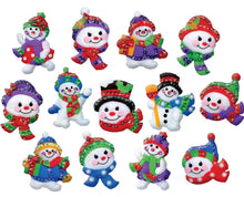 Load image into Gallery viewer, Design works christmas felt ornaments kit. This design features 13 snowmen in bright colored hats, scarves and jackets. 