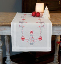 Load image into Gallery viewer, DIY Vervaco Christmas Trees Silver Red Stamped Cross Stitch Table Runner Kit