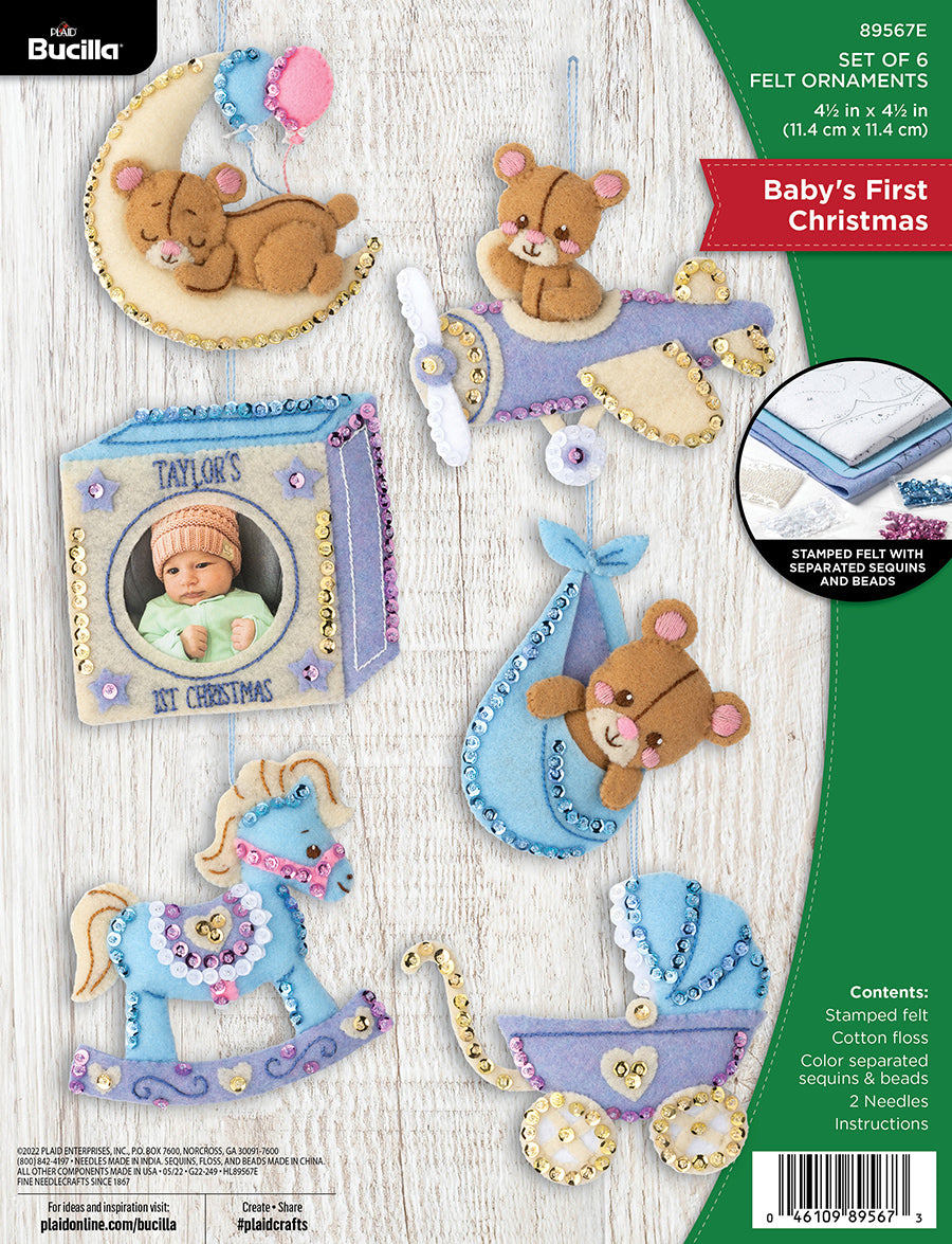 Bucilla Felt ornament kit. Design features 6 pastel colored ornaments with teddy bears.