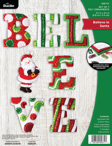 Bucilla Felt Christmas ornament kit. Design features felt letters that spell believe with the I being a santa.