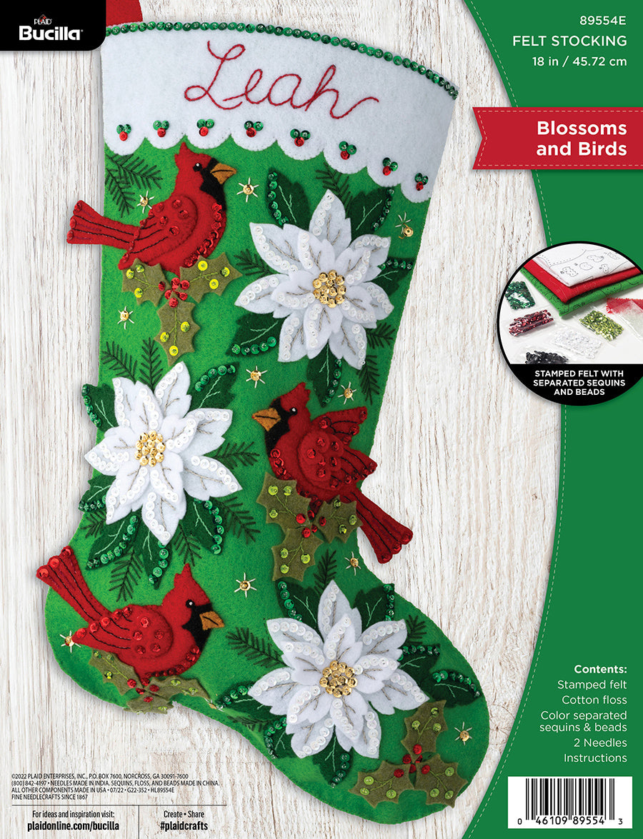 DIY Bucilla Blossoms and Birds Christmas Holiday Felt Stocking Kit 89554E