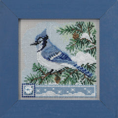 Mill Hill Counted cross stitch kit. Design features a lovely blue bird sitting on a snowy branch.