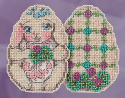 Mill Hill beaded counted cross stitch ornament kit.  The design features a bunny shaped like a decorated Easter egg.