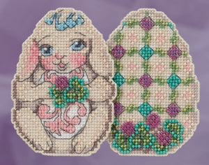 Mill Hill beaded counted cross stitch ornament kit.  The design features a bunny shaped like a decorated Easter egg.