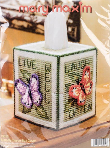Mary Maxim Tissue Box cover kit. Design features butterflies on each side.