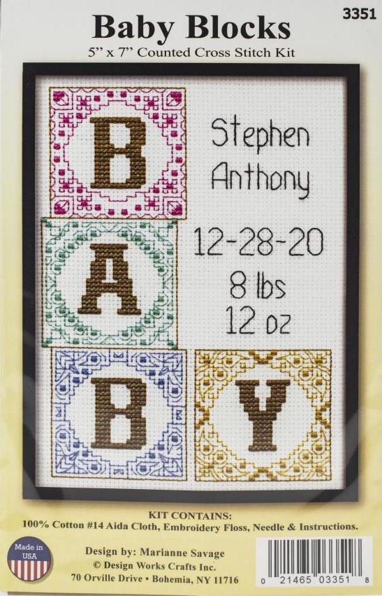 DIY Design Works Baby Blocks Birth Record Gift Counted Cross Stitch Kit 3351