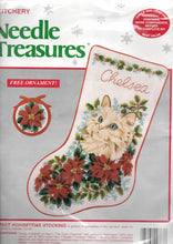 Load image into Gallery viewer, DIY Purrfect Poinsettias Cat Kitten Holiday Christmas Crewel Stocking Kit 00867