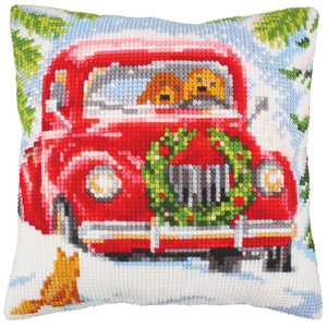 DIY Collection D'Art Christmas Red Truck Chunky Needlepoint 16" Pillow Top Kit
