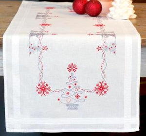 DIY Vervaco Christmas Trees Silver Red Stamped Cross Stitch Table Runner Kit