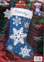 Load image into Gallery viewer, DIY Bucilla Glittering Snowflakes Sparkle Blue Christmas Felt Stocking Kit 84956