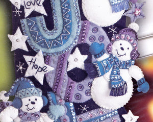 DIY Bucilla Joy Snowmen Snowman Purple Blue Christmas Felt Stocking Kit 86328