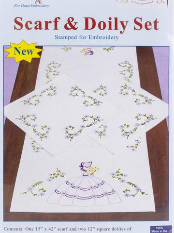 DIY Jack Dempsey Colonial Lady Flowers Stamped Embroidery Scarf & Doily Set