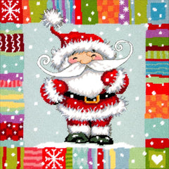 Dimensions christmas needlepoint kit. Design features a whimsical santa in the middle  with a colorful retro border.