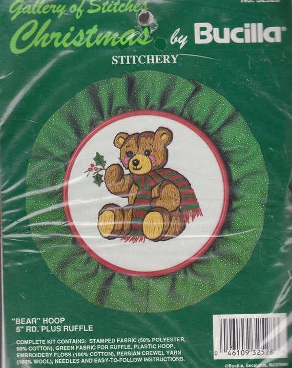 DIY Bucilla Teddy Bear Christmas Ornament Crewel Stitchery Kit Hoop and Ruffle