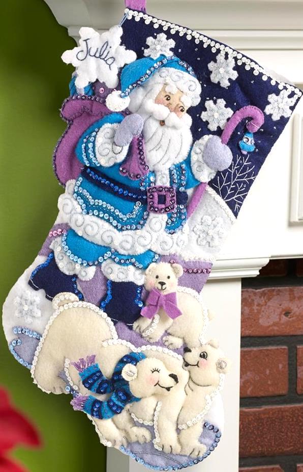 DIY Bucilla Arctic Santa Christmas Polar Bears Purple Felt Stocking Kit 86653