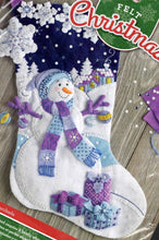 Load image into Gallery viewer, DIY Bucilla Frosty Night Snowman Purple Blue Christmas Felt Stocking Kit 86703