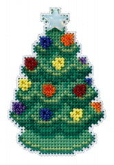 Mill Hill Counted cross stitch kit. Design features a ceramic looking christmas tree with colored lights.