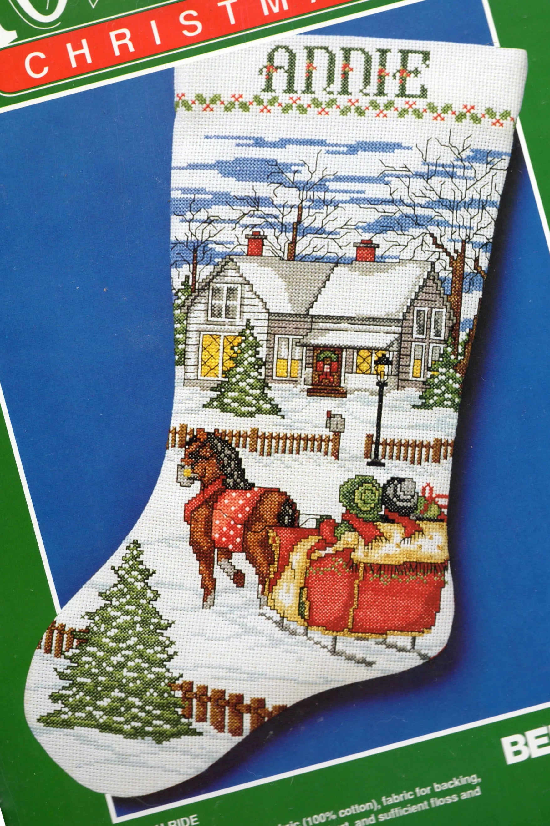 DIY Bernat Sleigh Ride Christmas Horse Counted Cross Stitch Stocking Kit 8786