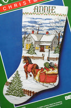 Load image into Gallery viewer, DIY Bernat Sleigh Ride Christmas Horse Counted Cross Stitch Stocking Kit 8786