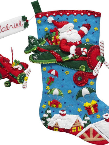 DMG DIY Bucilla Airplane Santa Flying Christmas  Felt Stocking Kit