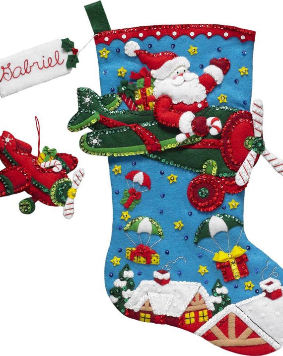 DMG DIY Bucilla Airplane Santa Flying Christmas  Felt Stocking Kit