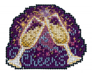 Mill Hill counted cross stitch kit. Design features two champagne glasses with a dark purple sparkly background.